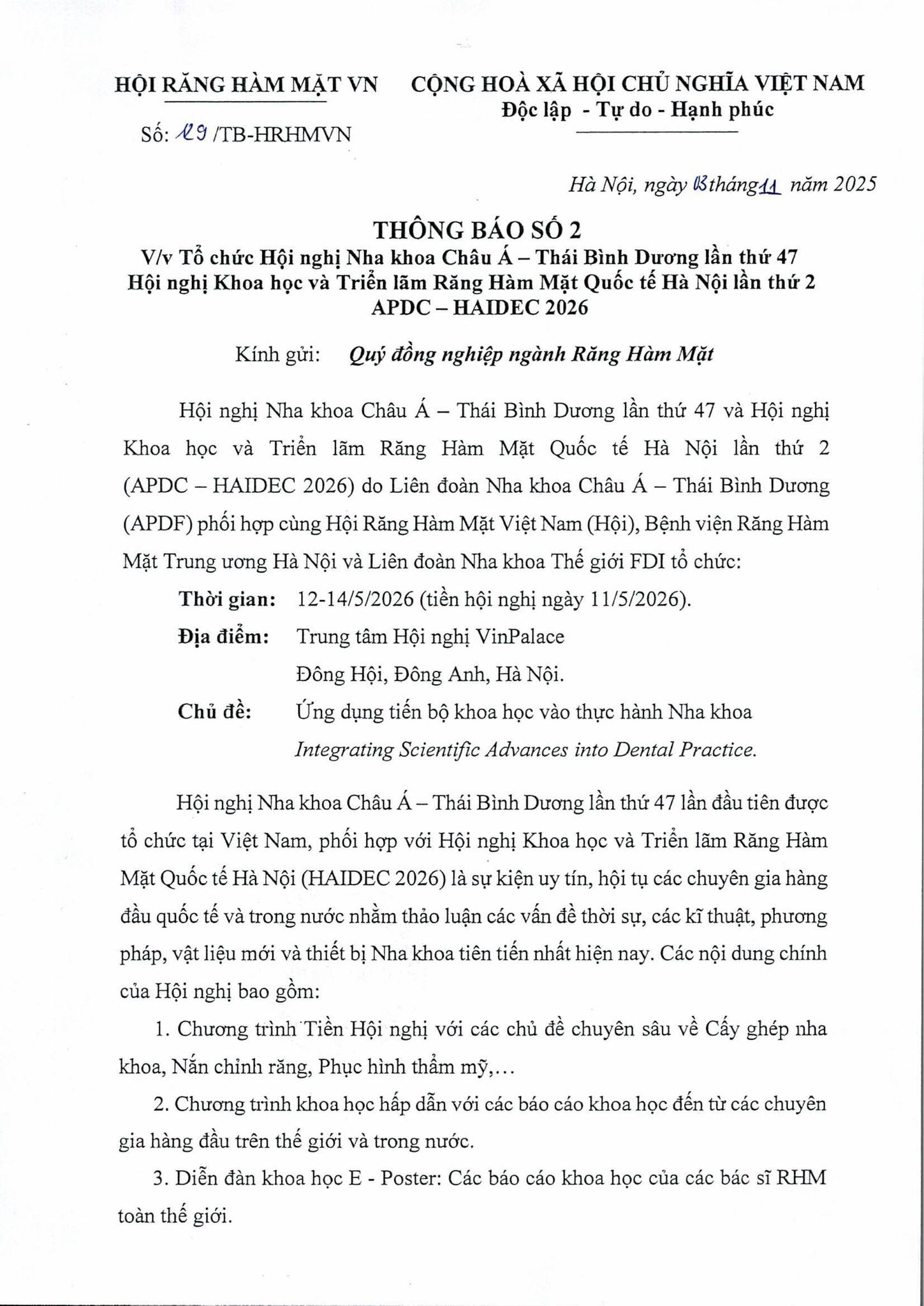 THÔNG BÁO SỐ 2 - Hội nghị Khoa học & Triển lãm Răng Hàm Mặt Quốc tế Hà Nội lần thứ 2 HAIDEC
